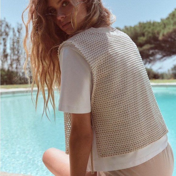 Zara METALLIC THREAD T-SHIRT VEST Size Small Embroidered Eyelet Top - Picture 5 of 10
